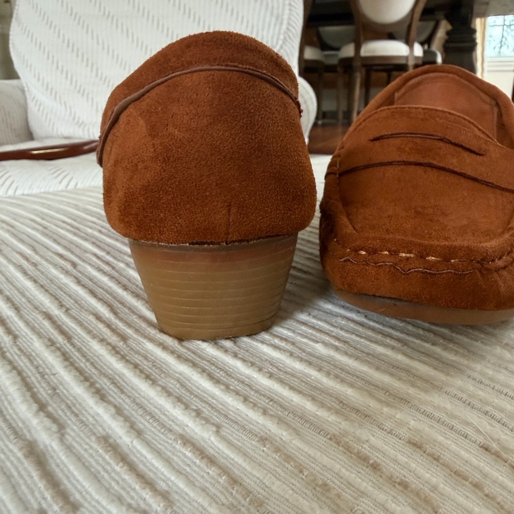 Golden Road Cognac Faux Suede Wedge Loafers | Dark Academia penny loafer 8 - Picture 8 of 14